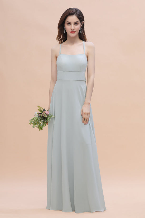 Simple A-Line Chiffon Halter Long Bridesmaid Dress With Pockets-BIZTUNNEL