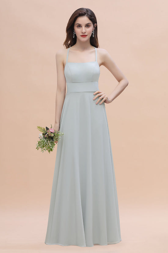Simple A-Line Chiffon Halter Long Bridesmaid Dress With Pockets-BIZTUNNEL