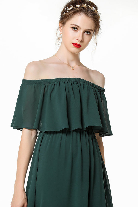 Simple A-Line Off The Shoulder Chiffon Long Bridesmaid Dress with Sleeves-BIZTUNNEL