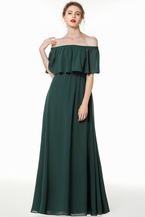 Simple A-Line Off The Shoulder Chiffon Long Bridesmaid Dress with Sleeves-BIZTUNNEL