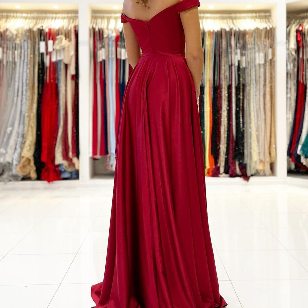 Simple A-line Off-the-shoulder Stretch Satin Long Prom Dress with Slit Simple A-line Off-the-shoulder Stretch Satin Long Prom Dress with Slit