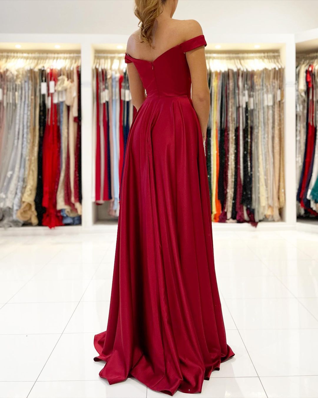 Simple A-line Off-the-shoulder Stretch Satin Long Prom Dress with Slit-BIZTUNNEL