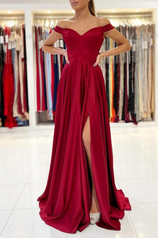 Simple A-line Off-the-shoulder Stretch Satin Long Prom Dress with Slit-BIZTUNNEL