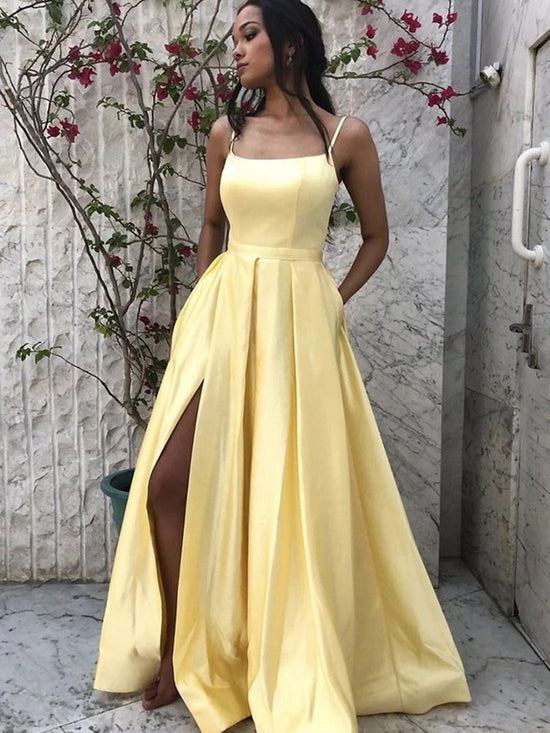 Simple A Line Spaghetti Straps Satin Long Front Slit Prom Dresses with Pockets-BIZTUNNEL