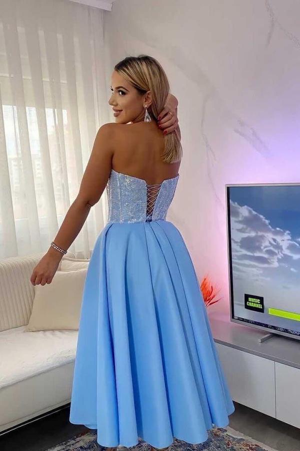 Simple A-line Strapless Satin Blue Short Prom Dress-BIZTUNNEL