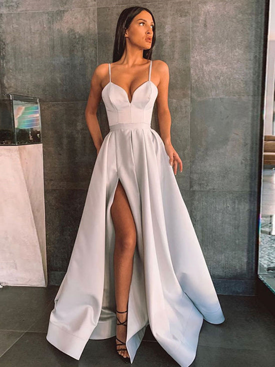 Simple A Line Sweetheart Satin Spaghetti Straps Long Prom Dresses with Slit-BIZTUNNEL