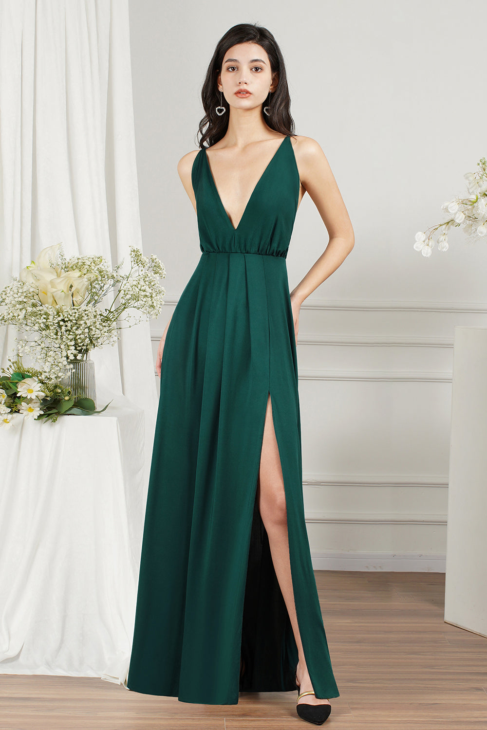 Simple A-line V-neck Backless Long Prom Dress With Slit-BIZTUNNEL