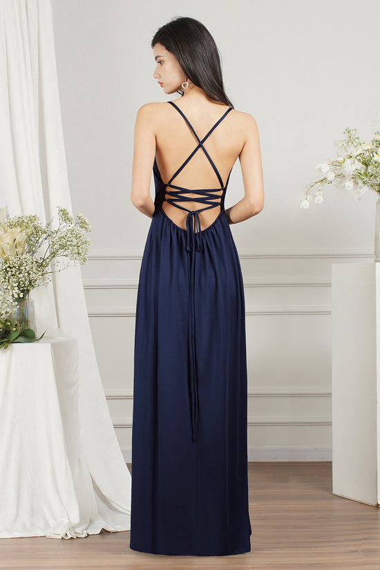 Simple A-line V-neck Backless Long Prom Dress With Slit-BIZTUNNEL