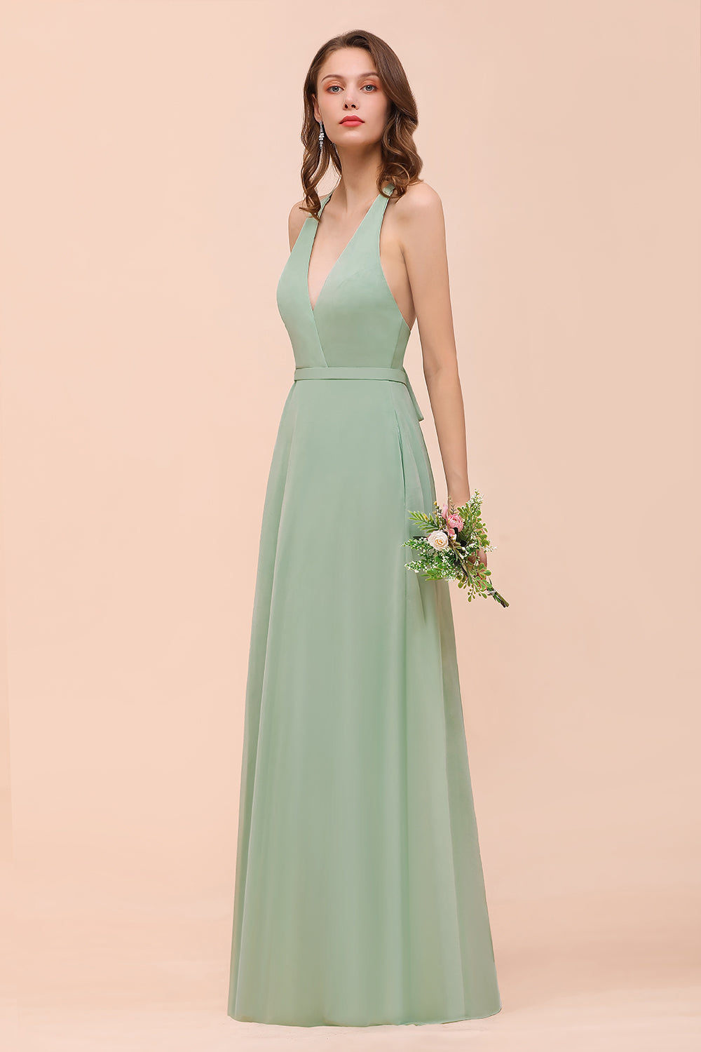 Simple A-line V-neck Chiffon Wide Straps Long Bridesmaid Dress With Pockets-BIZTUNNEL