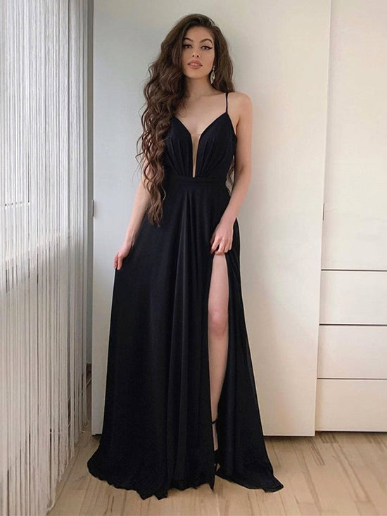 Simple A Line V Neck Long Black Chiffon Prom Dresses with High Slit-BIZTUNNEL