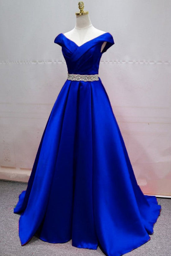 Simple A-line V-neck Satin Long Prom Dress With Crystal Sash-BIZTUNNEL