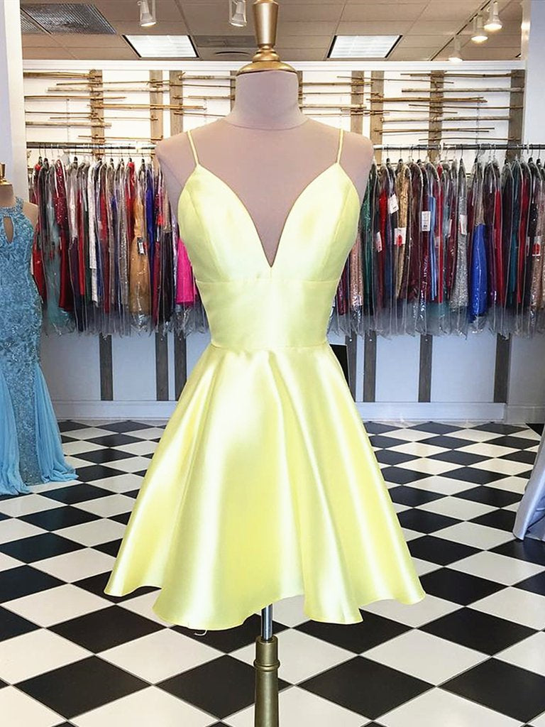 Load image into Gallery viewer, Simple A Line V Neck Yellow Satin Short Prom Homecoming Dresses-BIZTUNNEL
