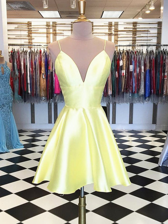 Simple A Line V Neck Yellow Satin Short Prom Homecoming Dresses-BIZTUNNEL