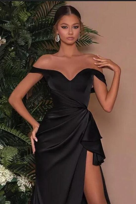 Simple Black Long Mermaid Off-the-shoulder Prom Dress with Slit-BIZTUNNEL