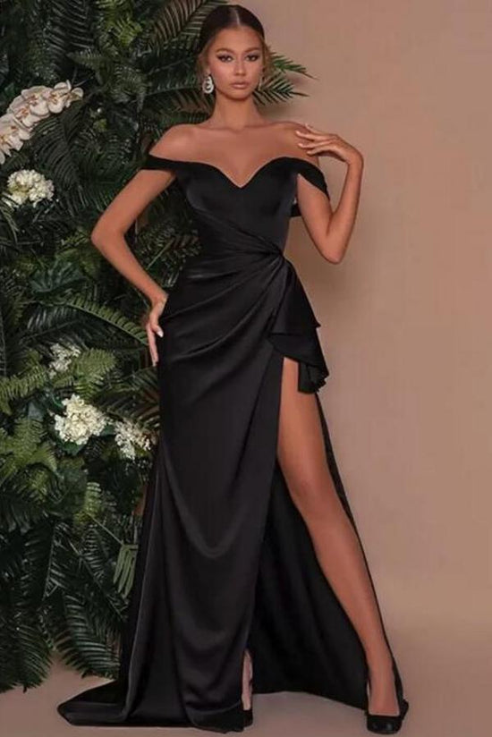 Simple Black Long Mermaid Off-the-shoulder Prom Dress with Slit-BIZTUNNEL