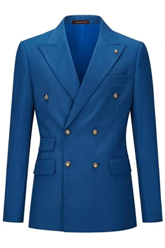 Avery Simple Blue Double Breasted Peaked Lapel Prom Suits