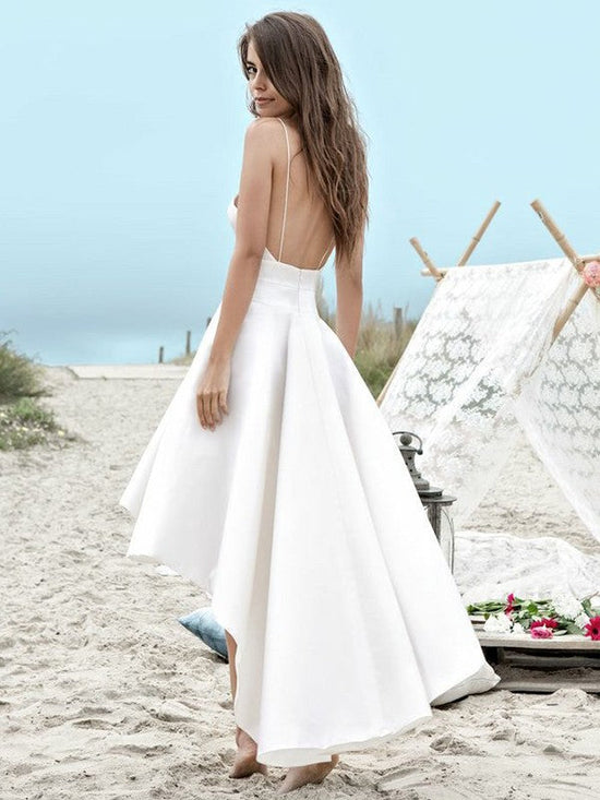 Simple High Low A-Line V-neck Spaghetti Straps Wedding Dress With Pockets-BIZTUNNEL