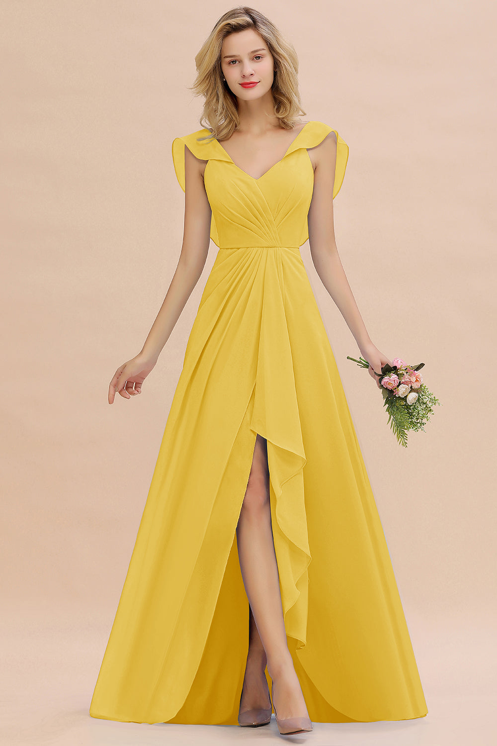 Simple High Low V-Neck Ruffles Chiffon Bridesmaid Dress Simple High Low V-Neck Ruffles Chiffon Bridesmaid Dress