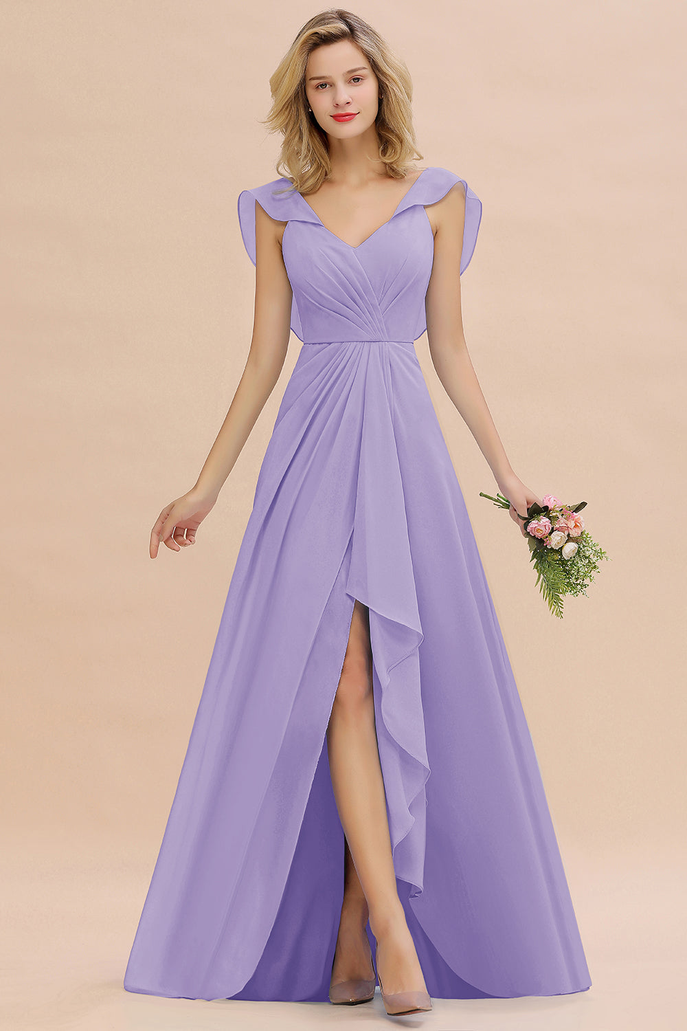 Simple High Low V-Neck Ruffles Chiffon Bridesmaid Dress BIZTUNNEL Simple High Low V-Neck Ruffles Chiffon Bridesmaid Dress BIZTUNNEL