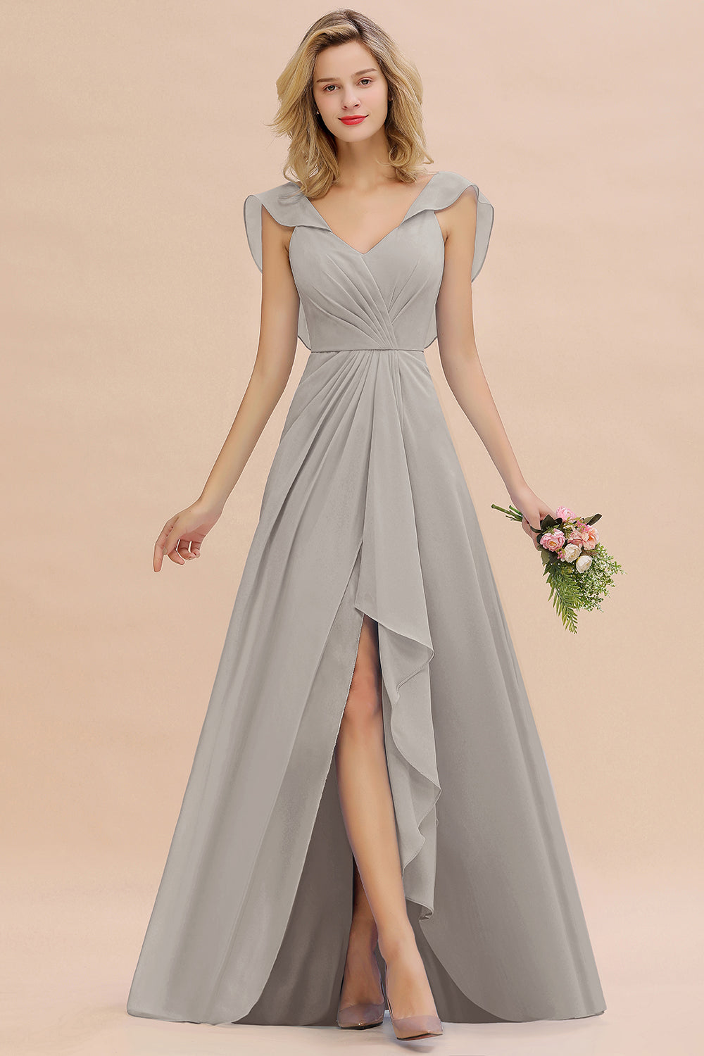 Simple High Low V-Neck Ruffles Chiffon Bridesmaid Dress Simple High Low V-Neck Ruffles Chiffon Bridesmaid Dress