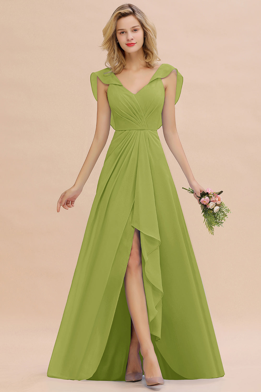 Simple High Low V-Neck Ruffles Chiffon Bridesmaid Dress BIZTUNNEL Simple High Low V-Neck Ruffles Chiffon Bridesmaid Dress BIZTUNNEL