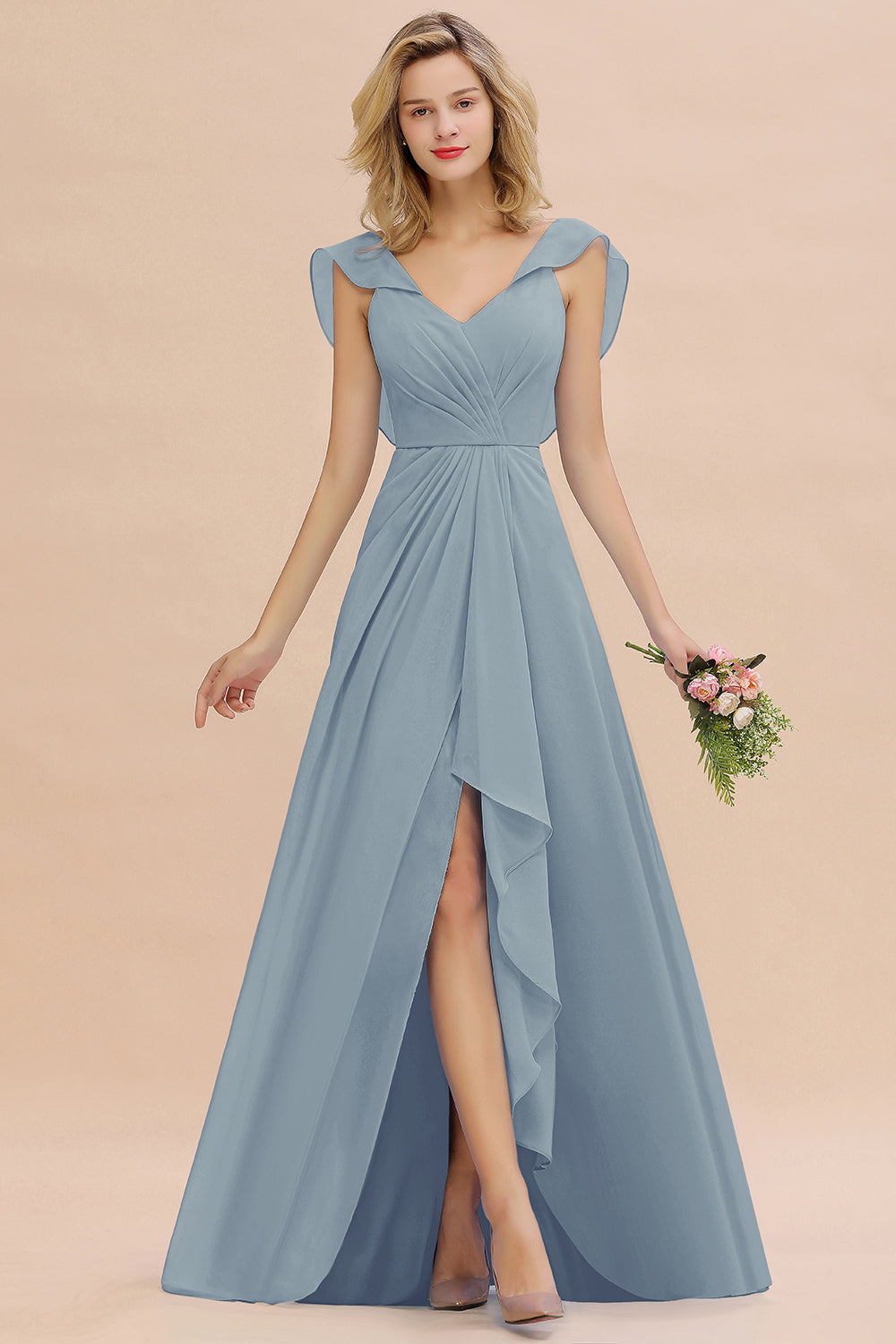 Simple High Low V-Neck Ruffles Chiffon Bridesmaid Dress BIZTUNNEL Simple High Low V-Neck Ruffles Chiffon Bridesmaid Dress BIZTUNNEL