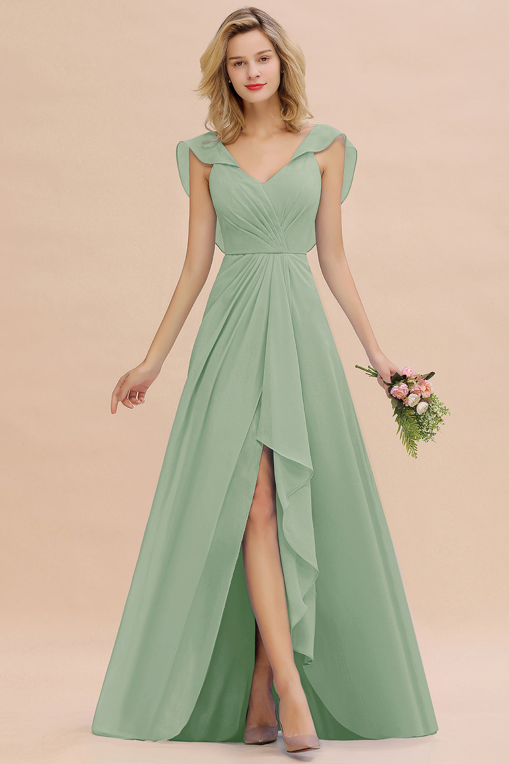 Simple High Low V-Neck Ruffles Chiffon Bridesmaid Dress BIZTUNNEL Simple High Low V-Neck Ruffles Chiffon Bridesmaid Dress BIZTUNNEL