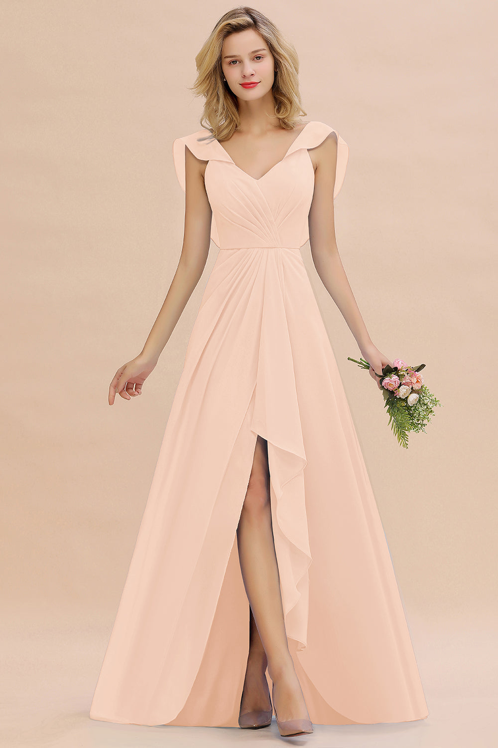 V-Neck High-Low Chiffon Bridesmaid Dress in Pale Blush