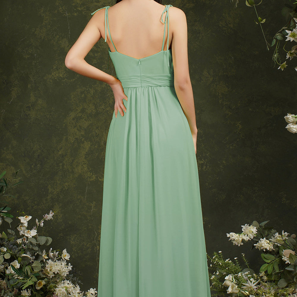 
                  
                    Simple Long A-Line Chiffon Spaghetti Straps Backless Bridesmaid Dress With Slit-BIZTUNNEL
                  
                