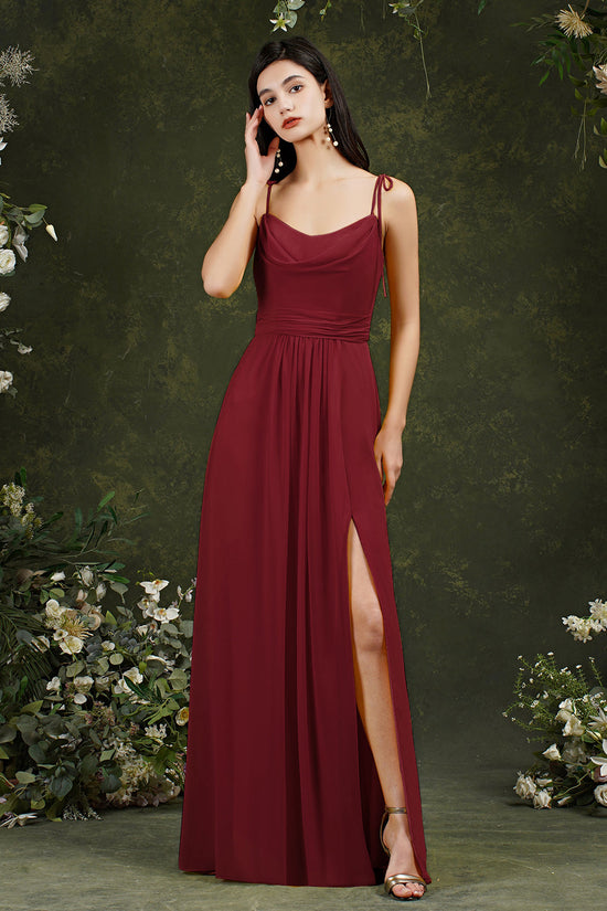 Load image into Gallery viewer, Simple Long A-Line Chiffon Spaghetti Straps Backless Bridesmaid Dress With Slit-BIZTUNNEL
