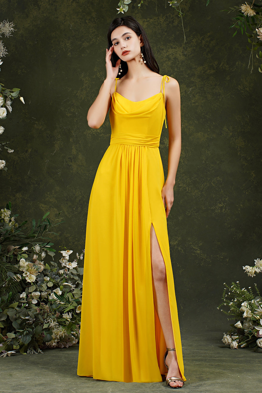 Load image into Gallery viewer, Simple Long A-Line Chiffon Spaghetti Straps Backless Bridesmaid Dress With Slit-BIZTUNNEL
