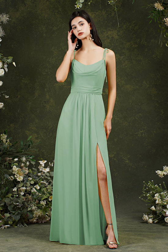 Charger l&amp;#39;image dans la galerie, Simple Long A-Line Chiffon Spaghetti Straps Backless Bridesmaid Dress With Slit-BIZTUNNEL
