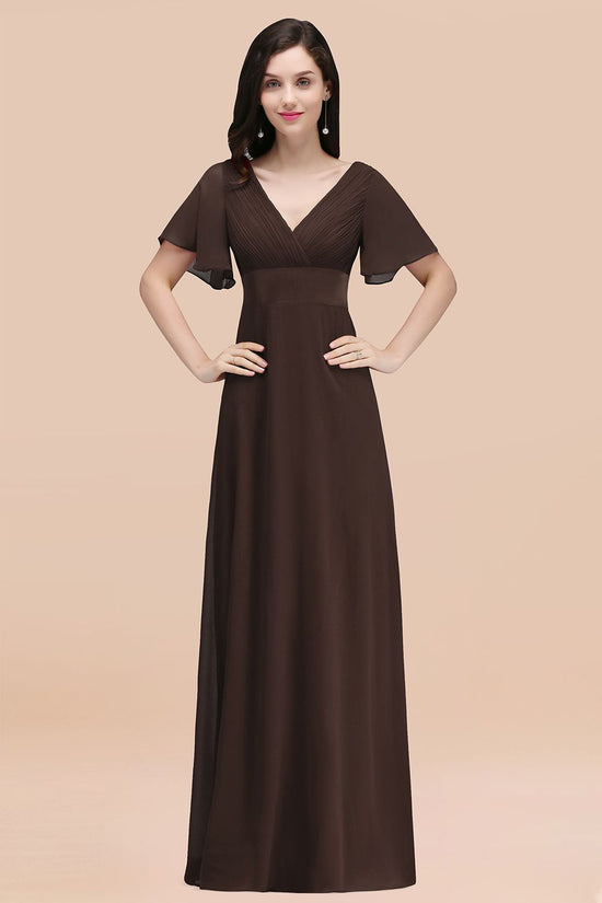 Charger l&amp;#39;image dans la galerie, Simple Long A-Line Chiffon V-Neck Bridesmaid Dresses with Sleeves-BIZTUNNEL
