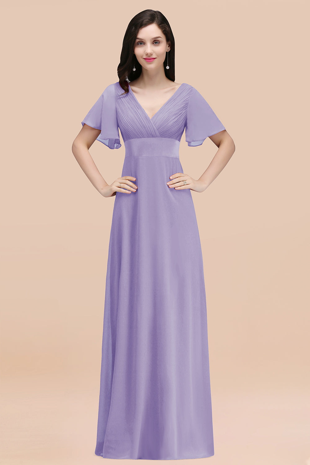 Simple Long A-Line Chiffon V-Neck Bridesmaid Dresses with Sleeves BIZTUNNEL Simple Long A-Line Chiffon V-Neck Bridesmaid Dresses with Sleeves BIZTUNNEL