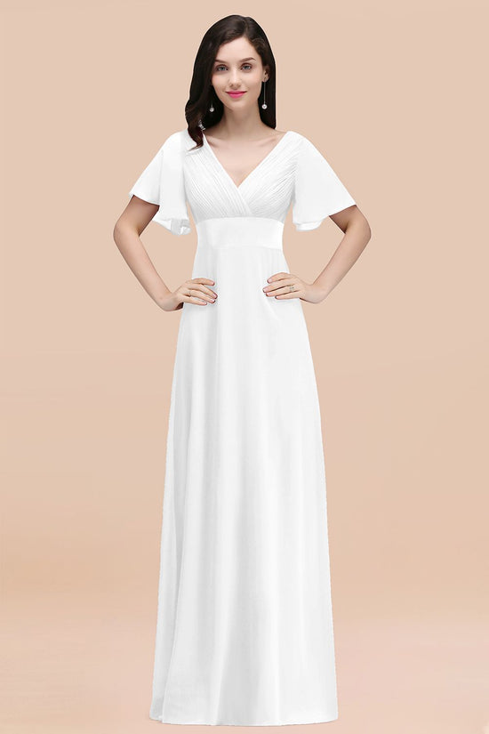 Simple Long A-Line Chiffon V-Neck Bridesmaid Dresses with Sleeves-BIZTUNNEL