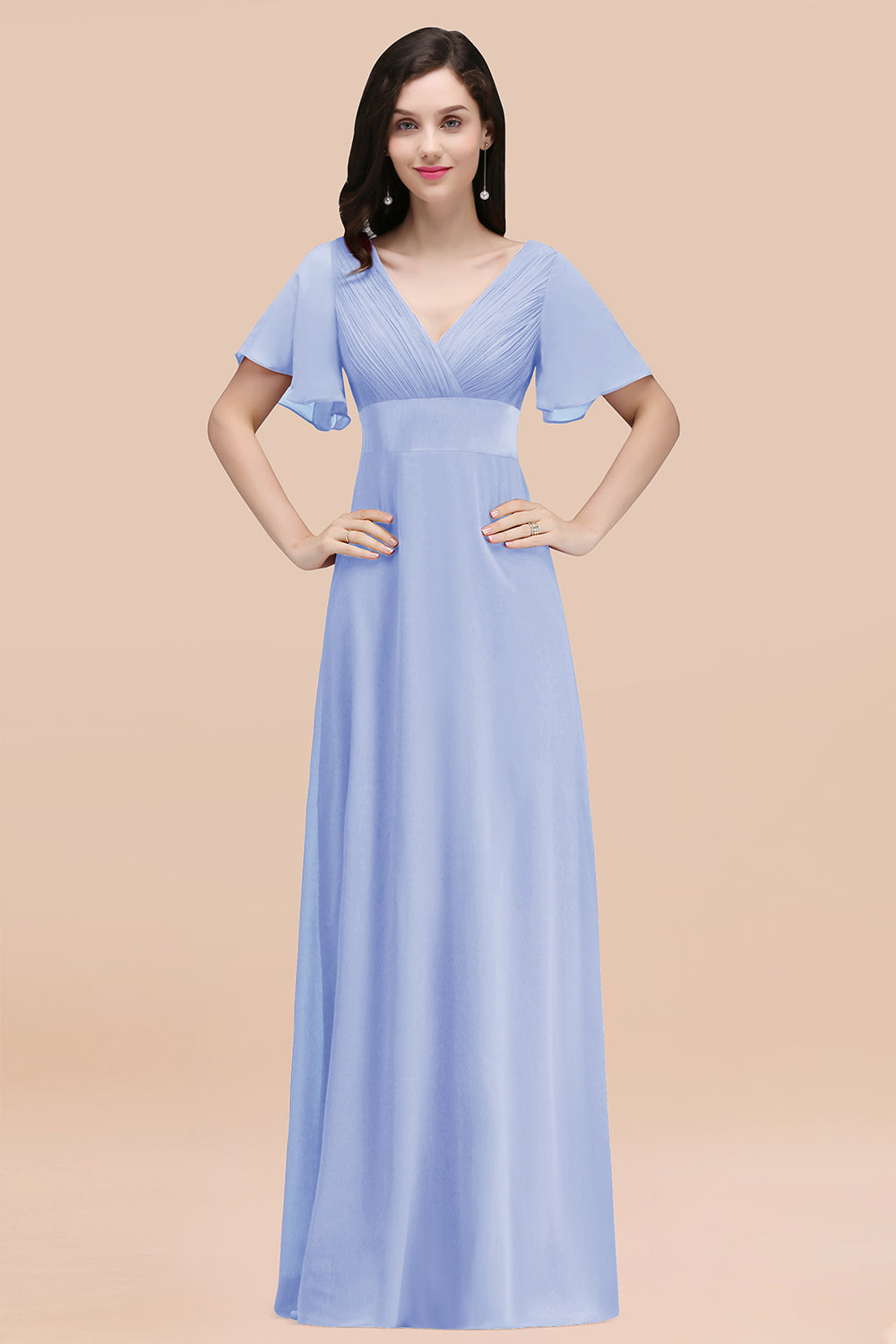 Charger l&amp;#39;image dans la galerie, Simple Long A-Line Chiffon V-Neck Bridesmaid Dresses with Sleeves-BIZTUNNEL

