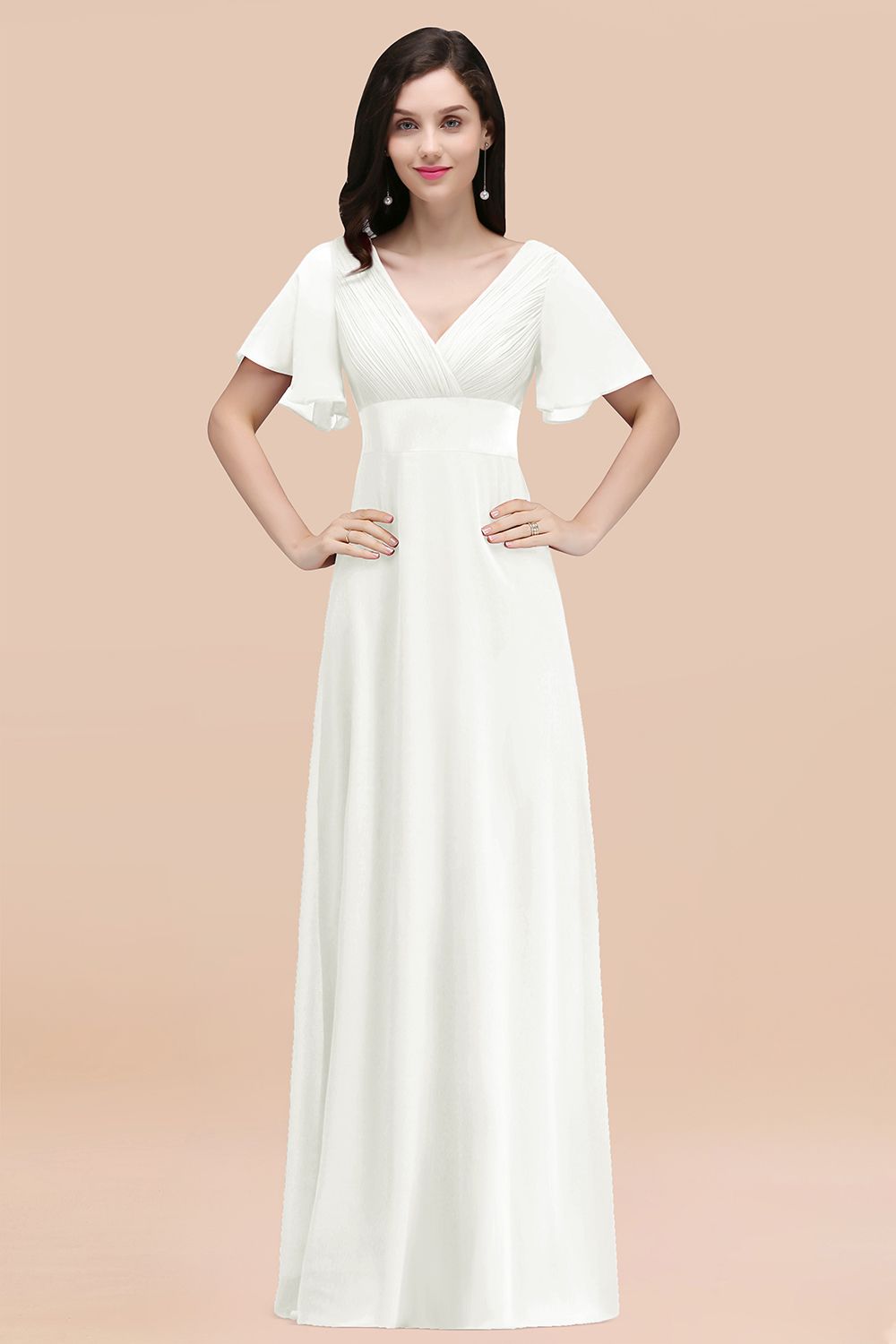 Simple Long A-Line Chiffon V-Neck Bridesmaid Dresses with Sleeves ...