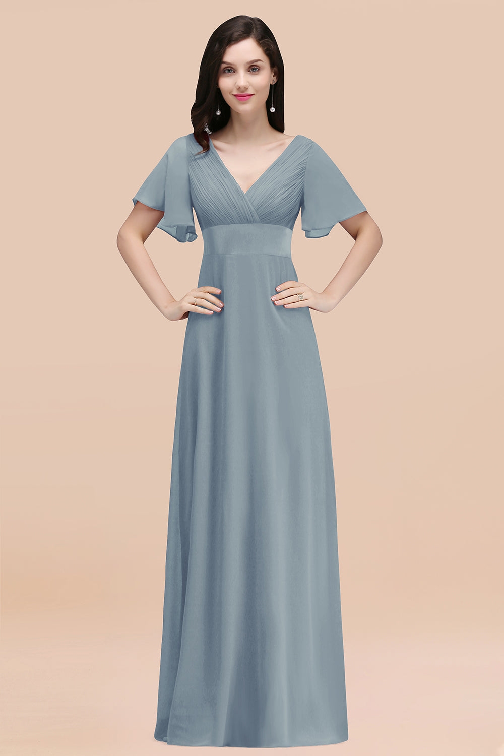 Simple Long A-Line Chiffon V-Neck Bridesmaid Dresses with Sleeves BIZTUNNEL Simple Long A-Line Chiffon V-Neck Bridesmaid Dresses with Sleeves BIZTUNNEL