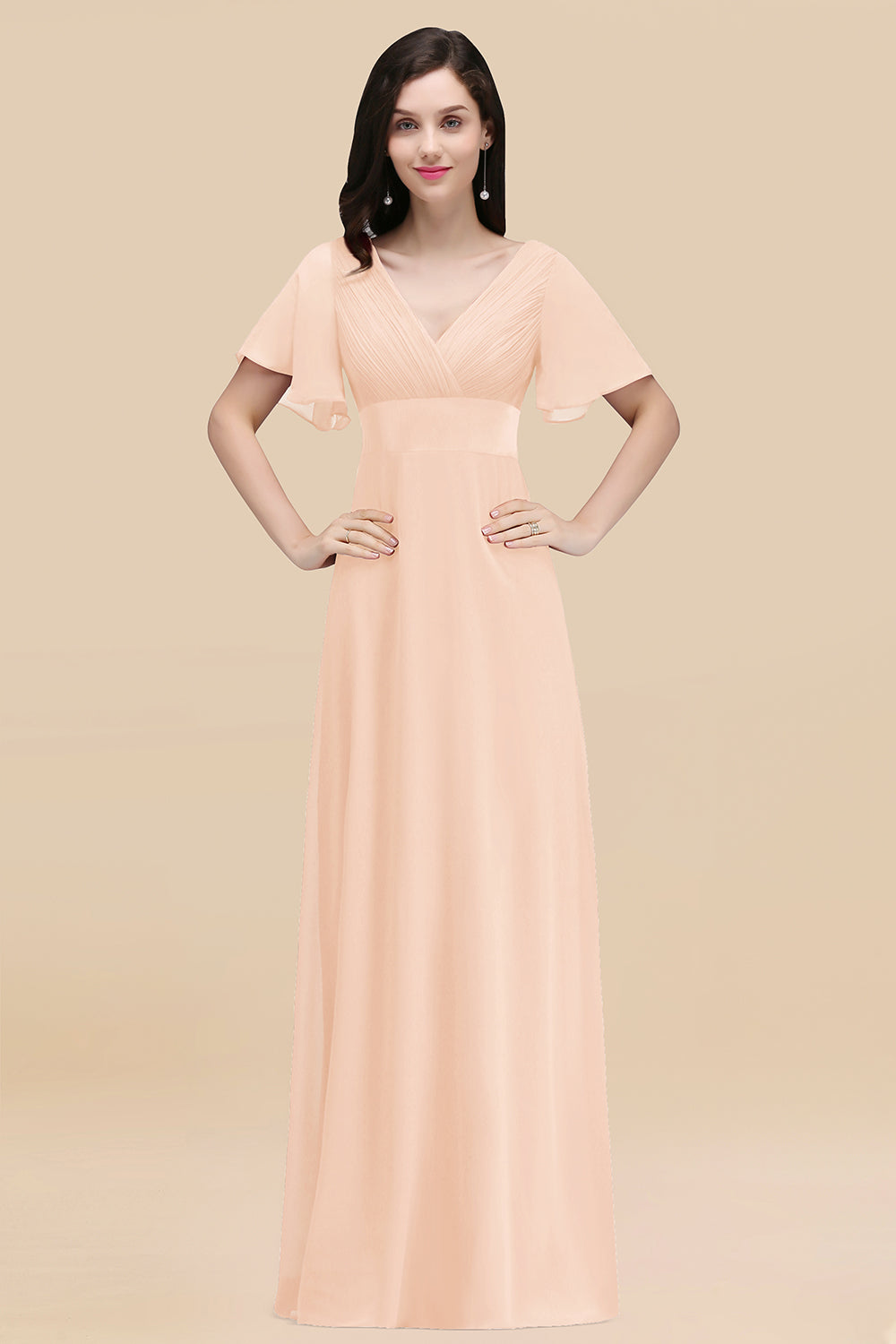 Simple Long A-Line Chiffon V-Neck Bridesmaid Dresses with Sleeves