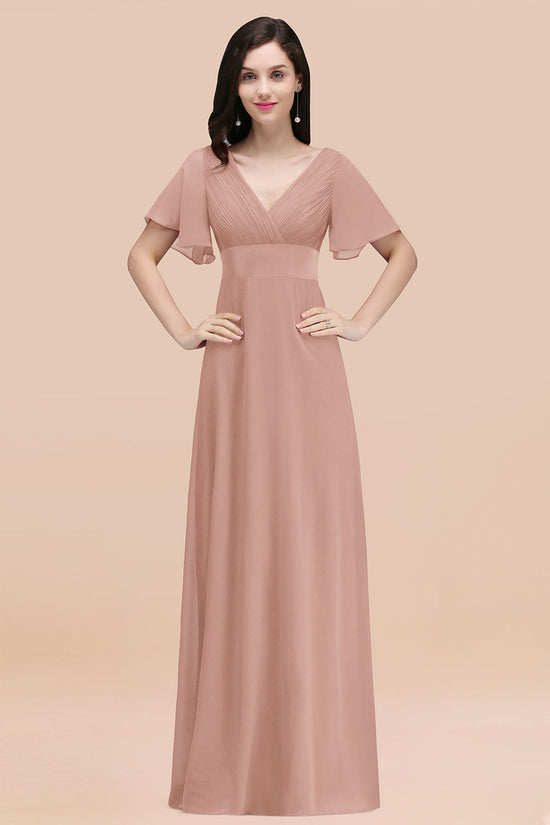 Simple Long A-Line Chiffon V-Neck Bridesmaid Dresses with Sleeves-BIZTUNNEL