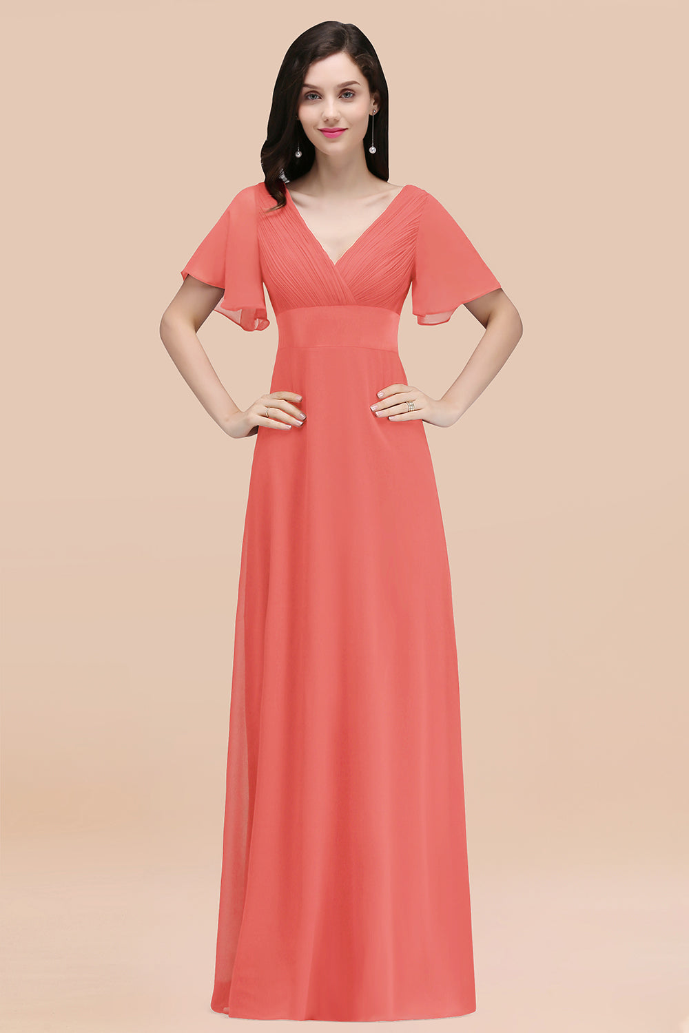 Simple Long A-Line Chiffon V-Neck Bridesmaid Dresses with Sleeves