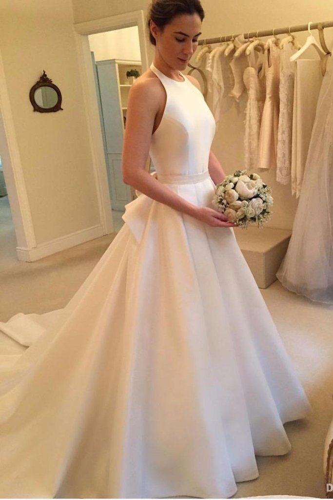 Simple Long A Line Halter Satin Backless Wedding Dress with Bow-BIZTUNNEL