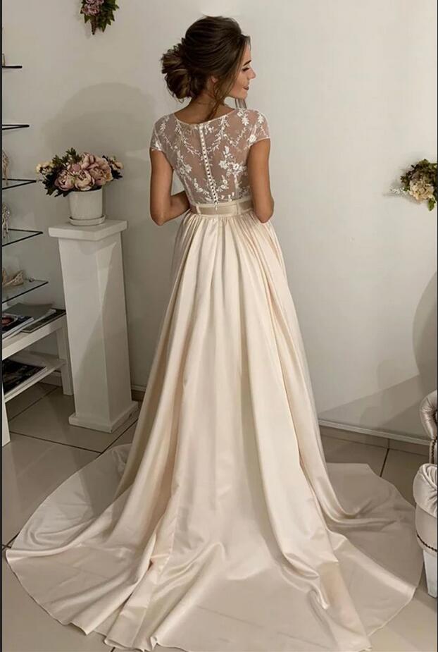 Simple Long A-line jewel Stretch Satin Lace Wedding Dresses-BIZTUNNEL