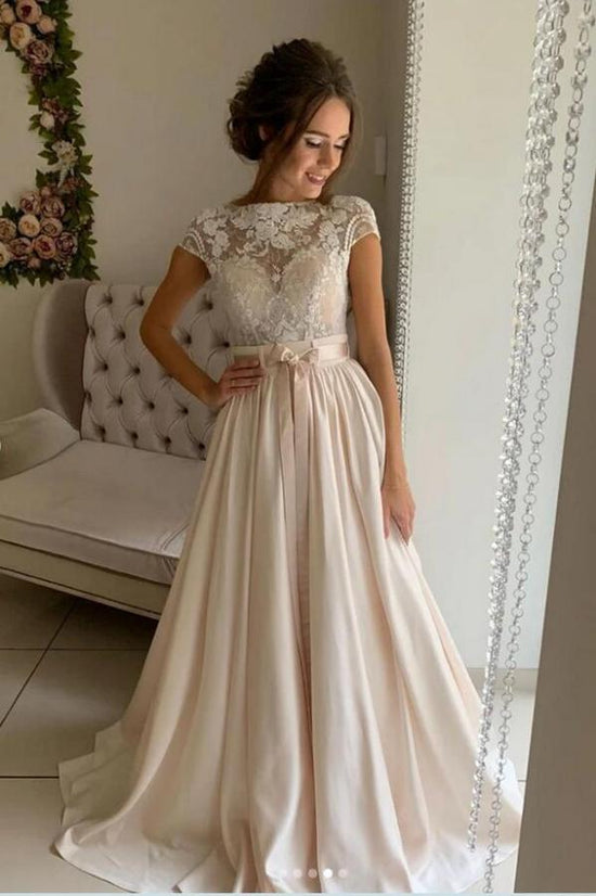 Simple Long A-line jewel Stretch Satin Lace Wedding Dresses-BIZTUNNEL