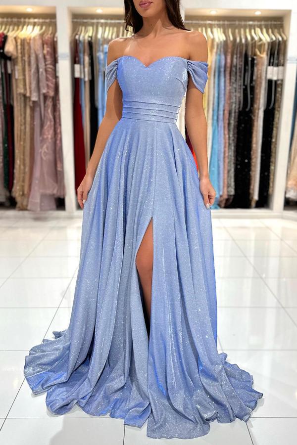 Simple Long A-line Off The shoulder Glitter Prom Dress with Slit Simple Long A-line Off The shoulder Glitter Prom Dress with Slit