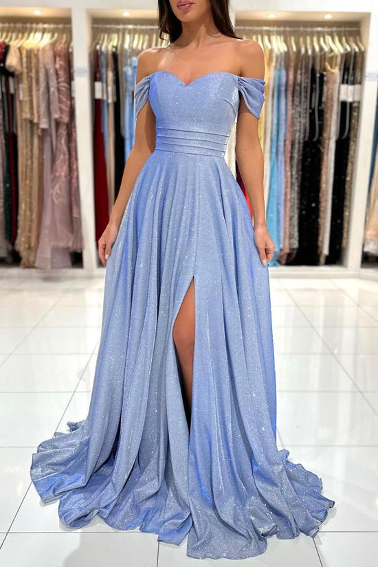 Simple Long A-line Off The shoulder Glitter Prom Dress with Slit-BIZTUNNEL