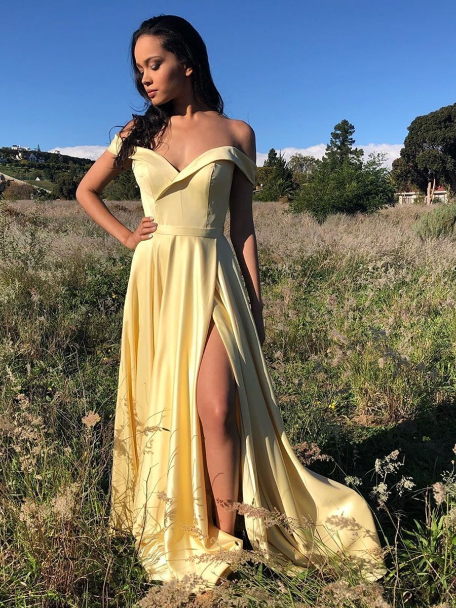 Simple Long A-line Off the Shoulder Satin Prom Dresses with Hight Slit-BIZTUNNEL