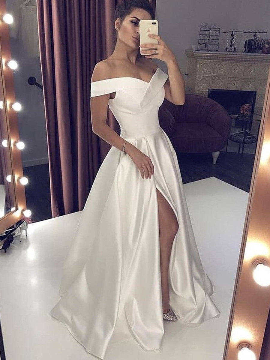 Simple Long A-line Off the Shoulder Satin Wedding Dresses with Slit-BIZTUNNEL