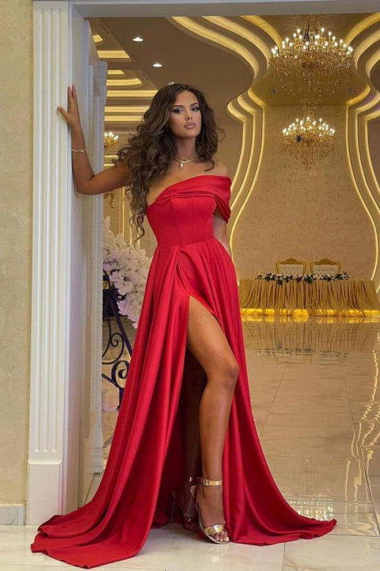 Simple Long A-line One Shoulder Satin Red Prom Dress with Slit-BIZTUNNEL