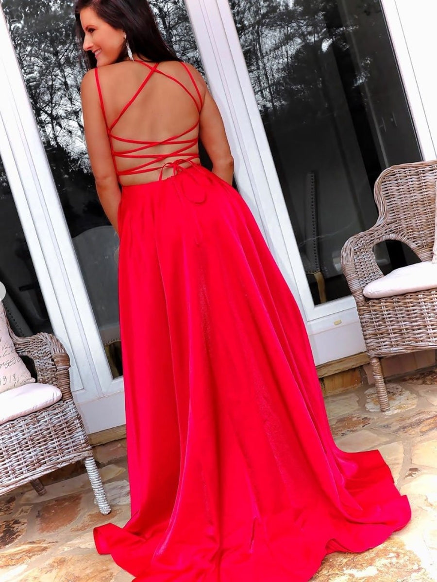 Simple Long A-line Open Back Satin Front Slit Formal Prom Dresses with Cross Back-BIZTUNNEL
